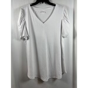 XIEERDUO White V-Neck Puff Sleeve T-Shirt Women XL Pleated Short Sleeve Top
